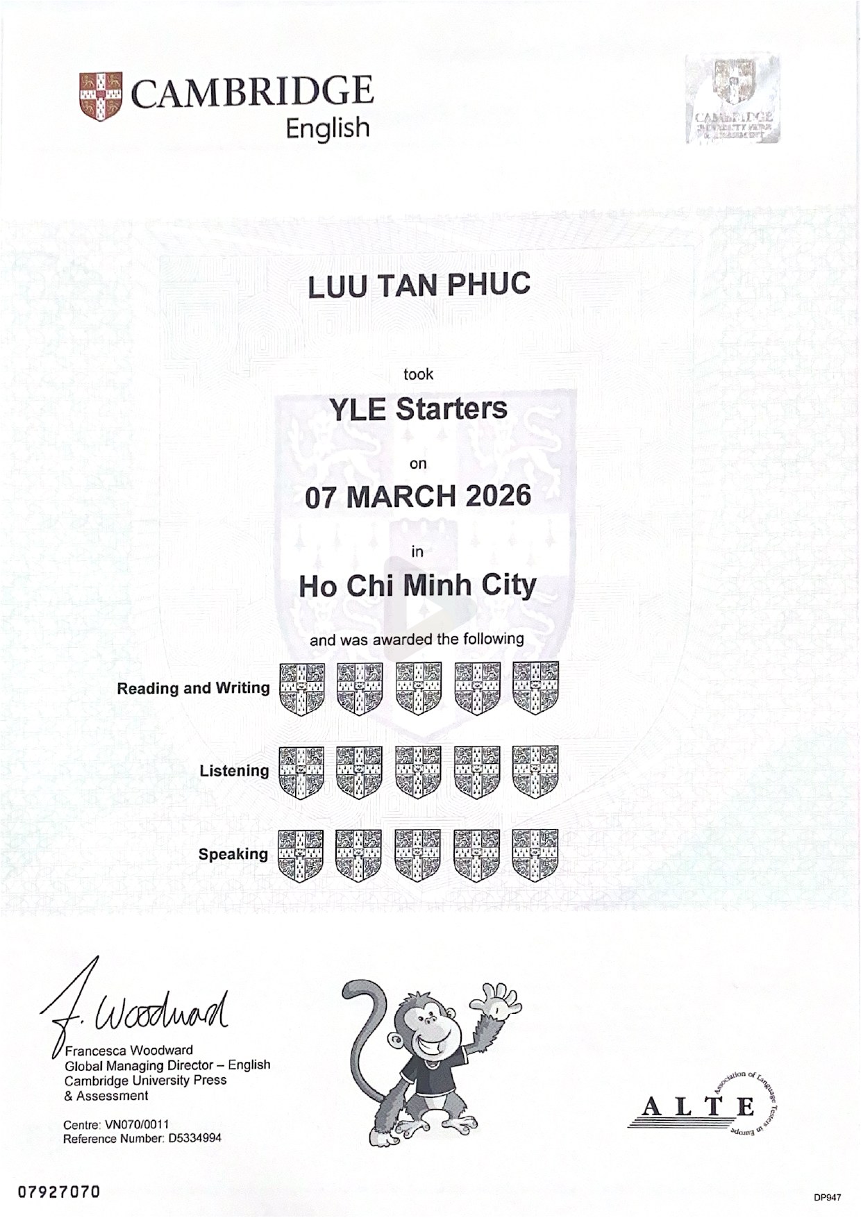 Chứng chỉ Cambridge YLE Starters – Luu Tan Phuc