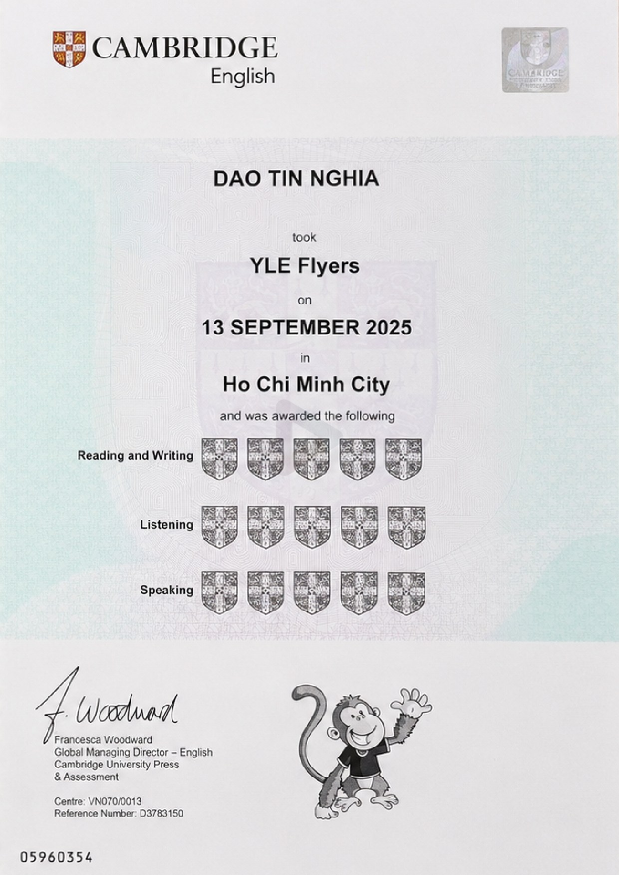 Chứng chỉ Cambridge YLE Flyers – Dao Tin Nghia