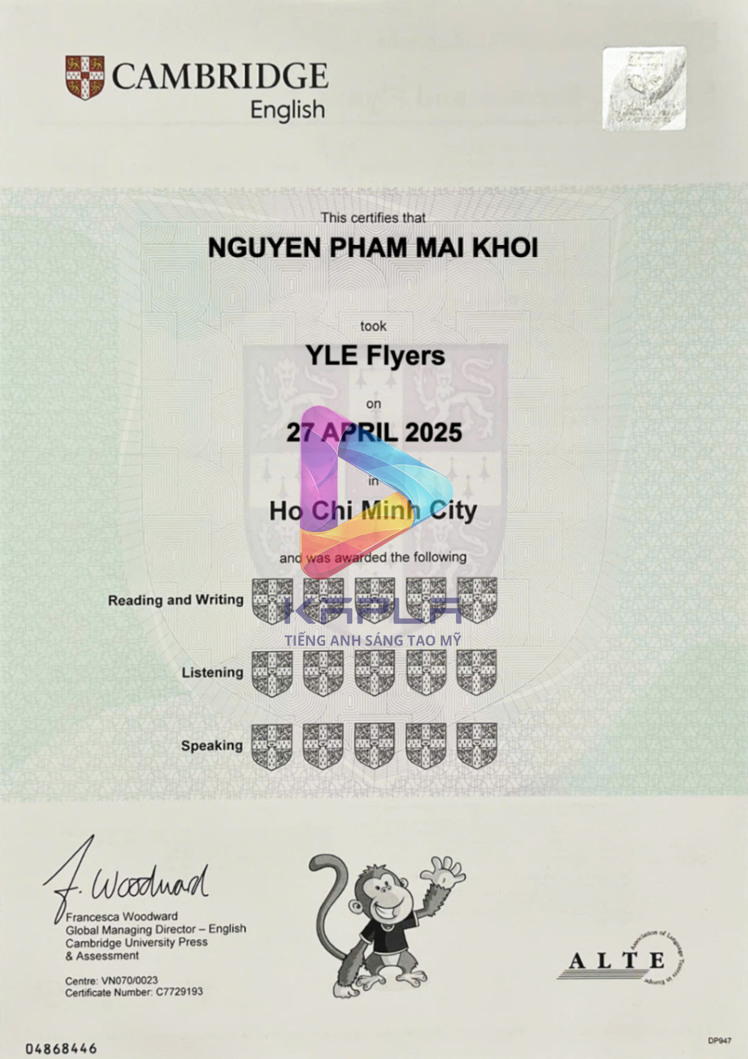 Chứng chỉ Cambridge YLE Flyers – Nguyen Pham Mai Khoi
