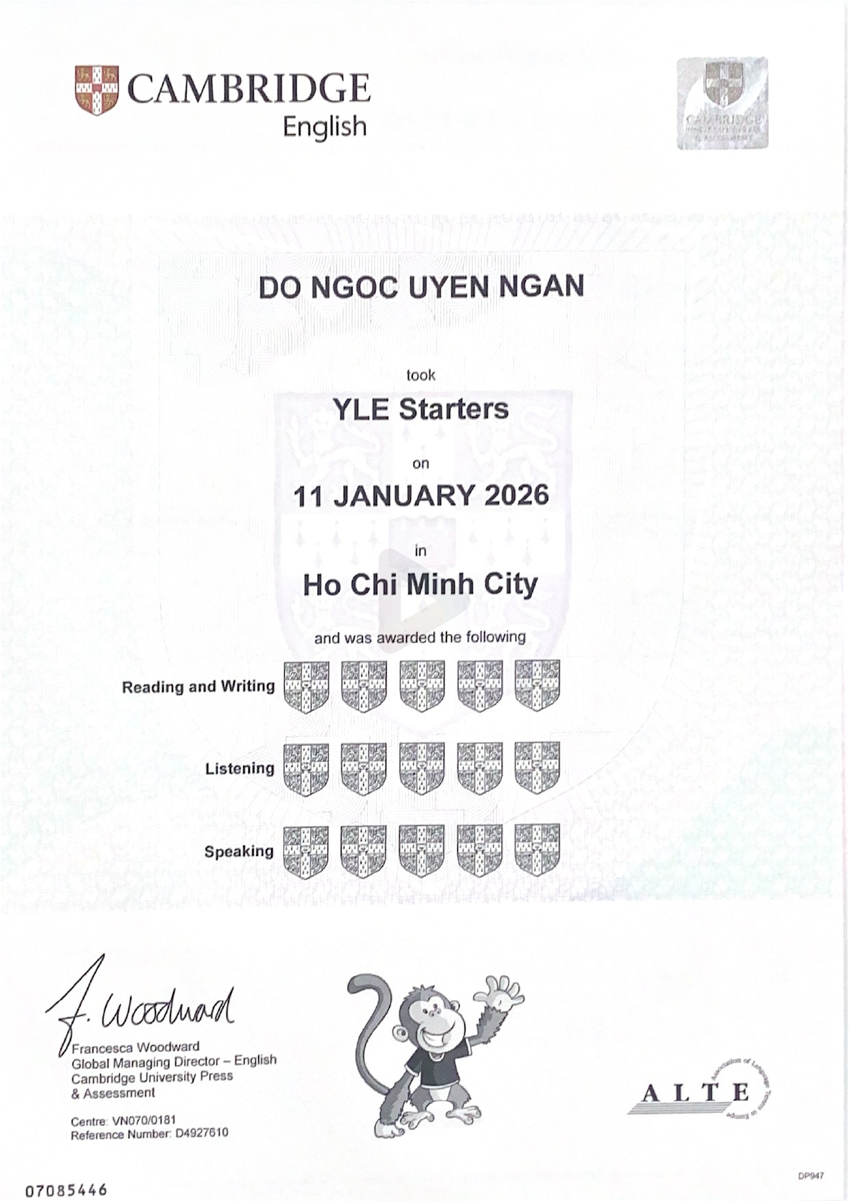 Chứng chỉ Cambridge YLE Starters – Do Ngoc Uyen Ngan