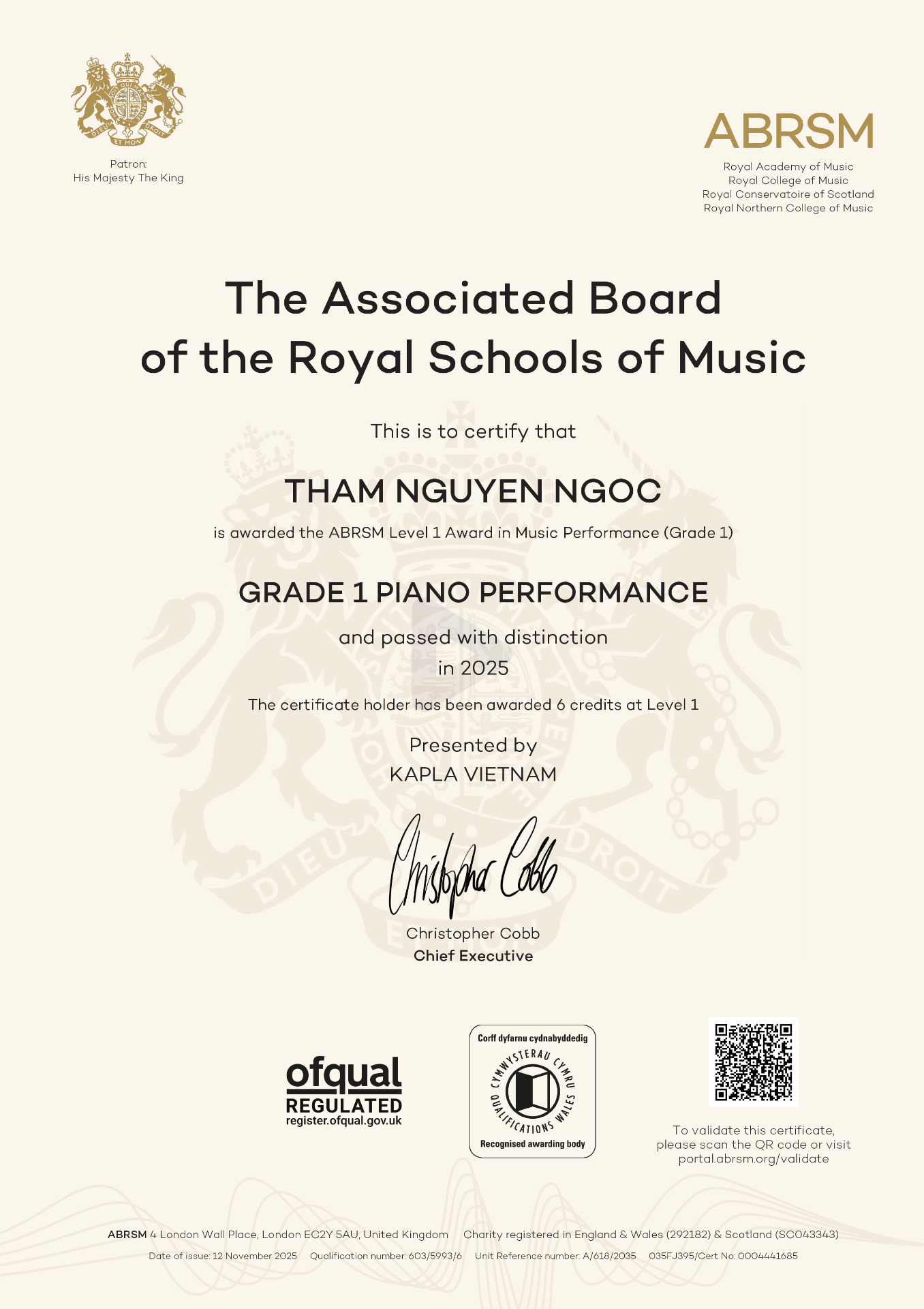 Chứng chỉ ABRSM Piano – Tham Nguyen Ngoc