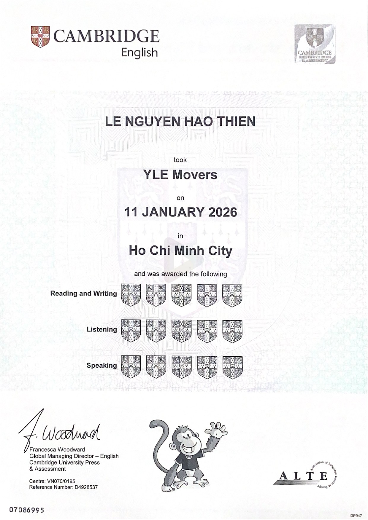 Chứng chỉ Cambridge YLE Movers – Le Nguyen Hao Thien