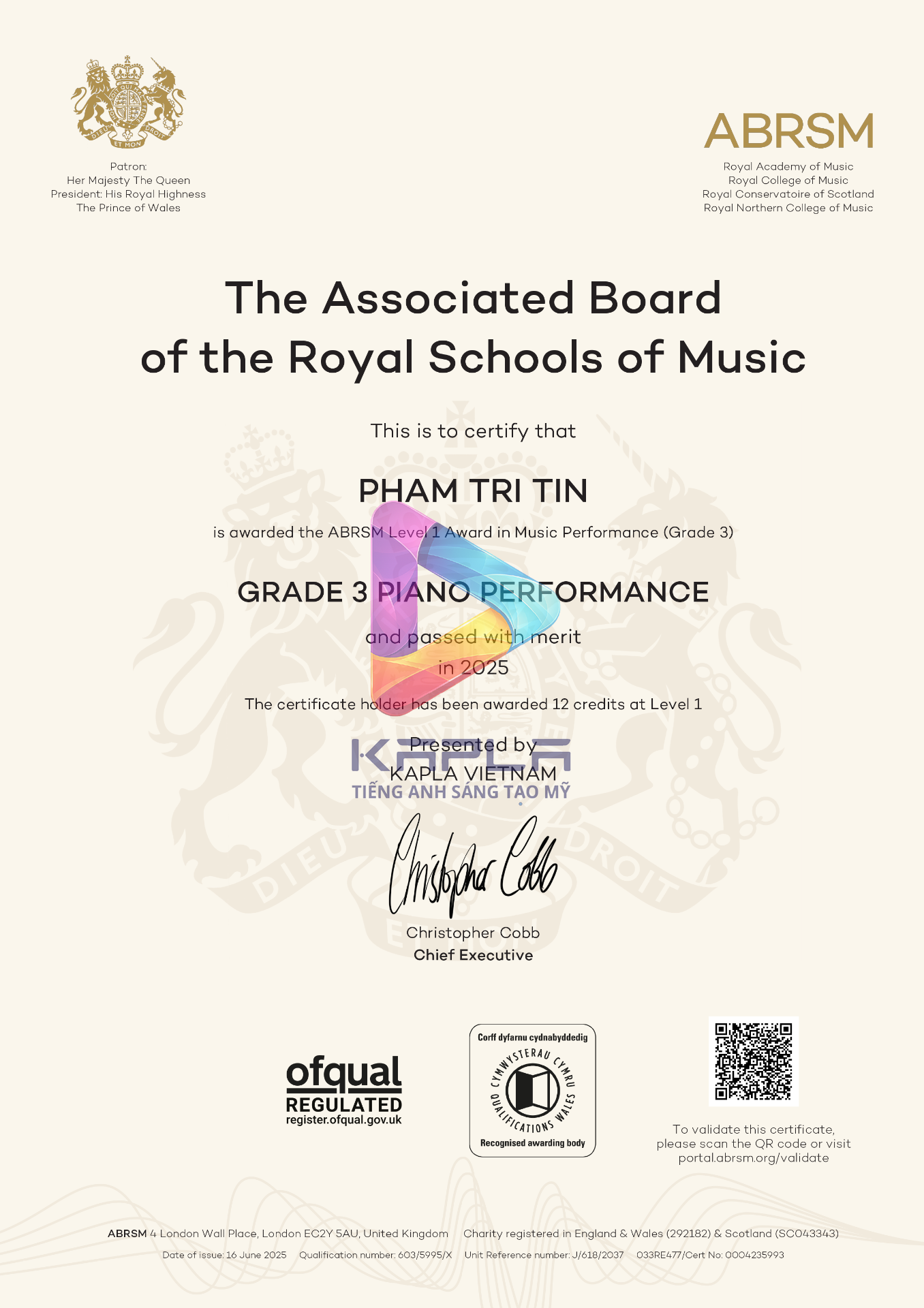 Chứng chỉ ABRSM Piano – Pham Tri Tin