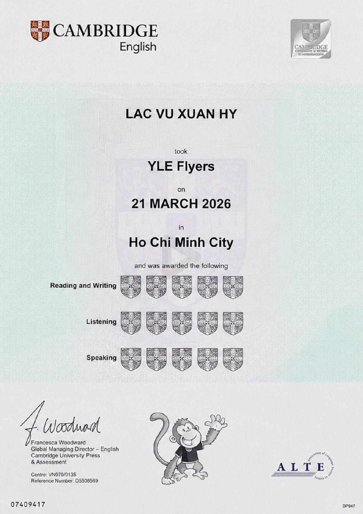 Chứng chỉ Cambridge YLE Flyers – Lac Vu Xuan Hy