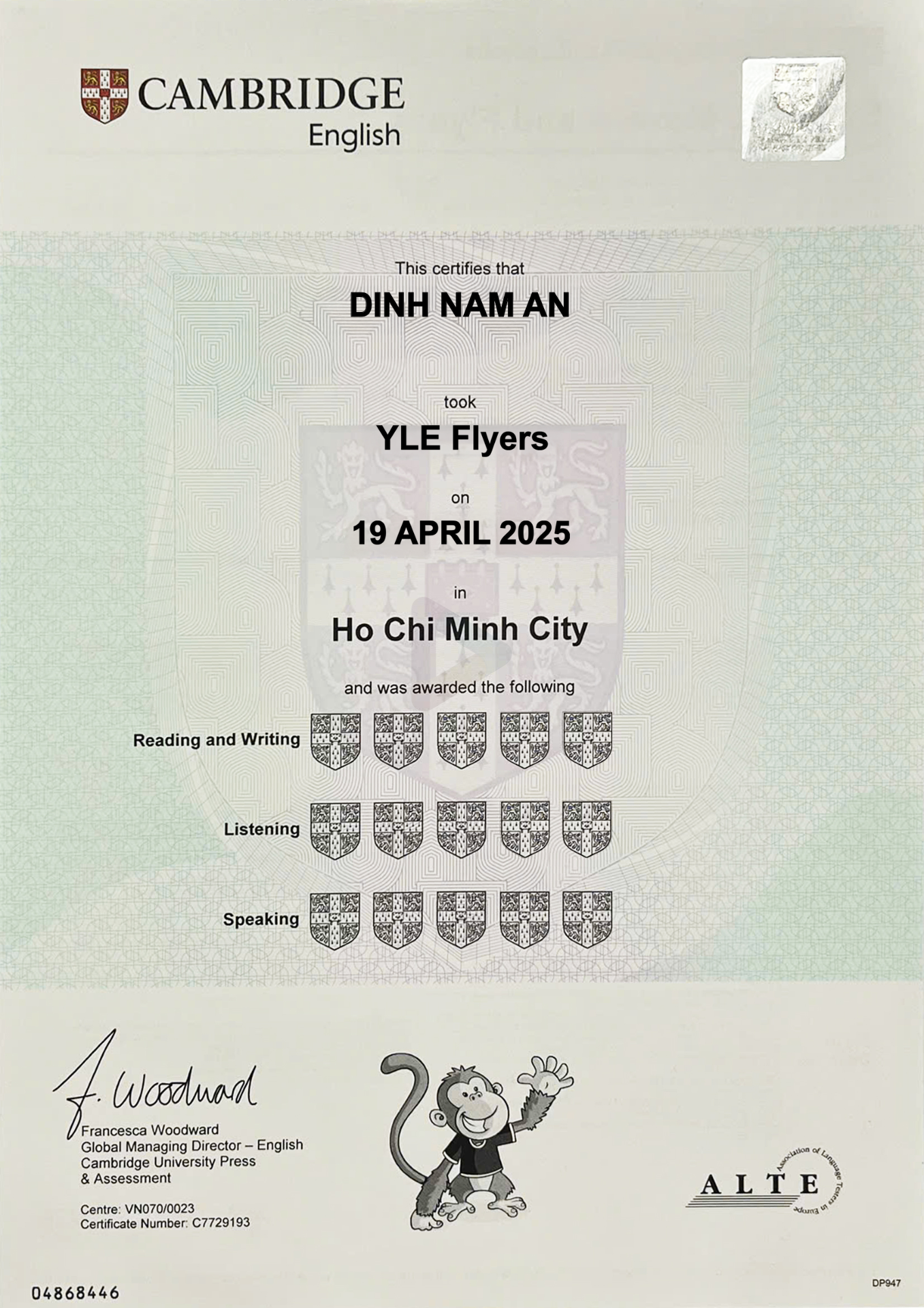 Chứng chỉ Cambridge YLE Flyers – Dinh Nam An