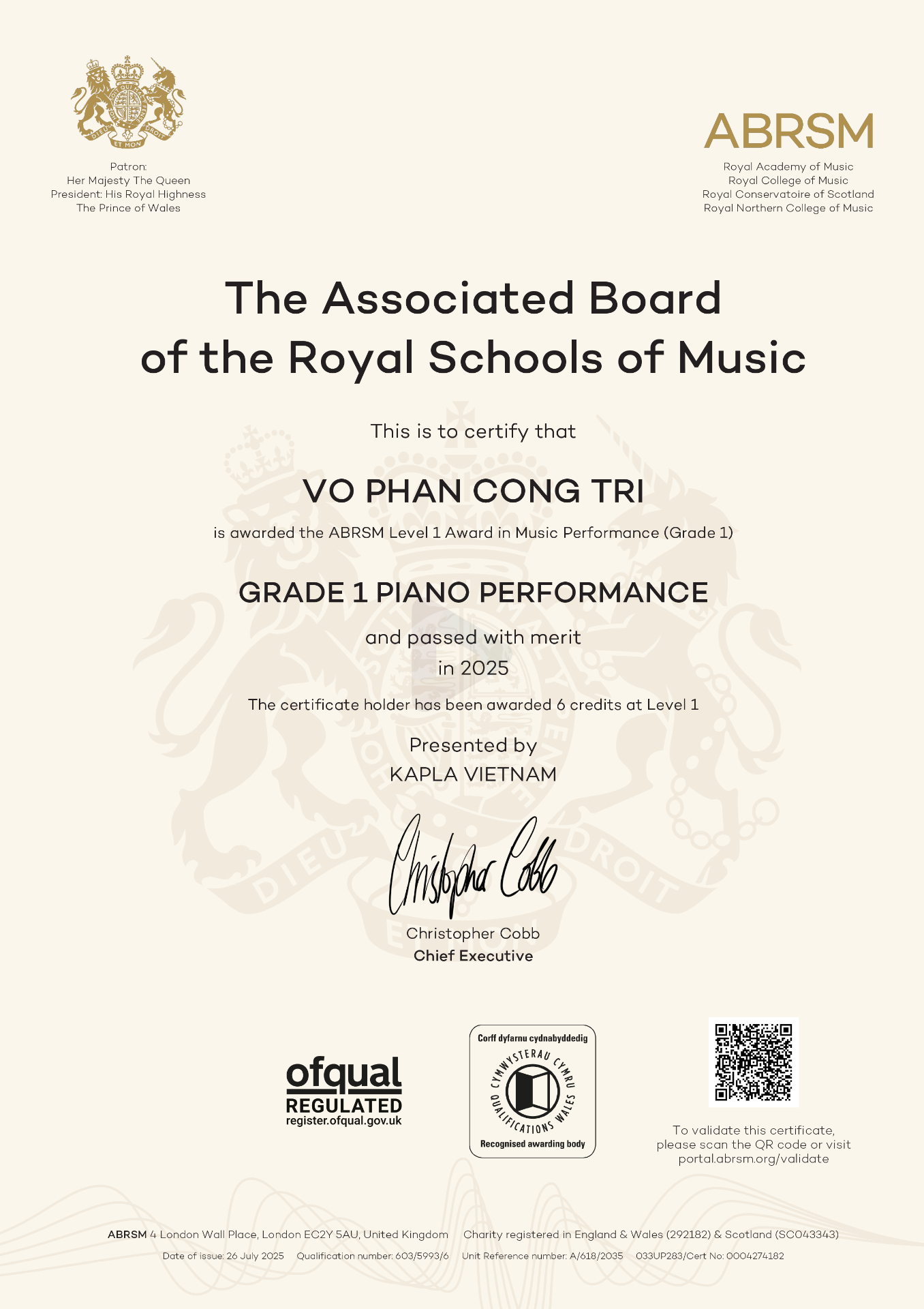 Chứng chỉ ABRSM Piano – Vo Phan Cong Tri