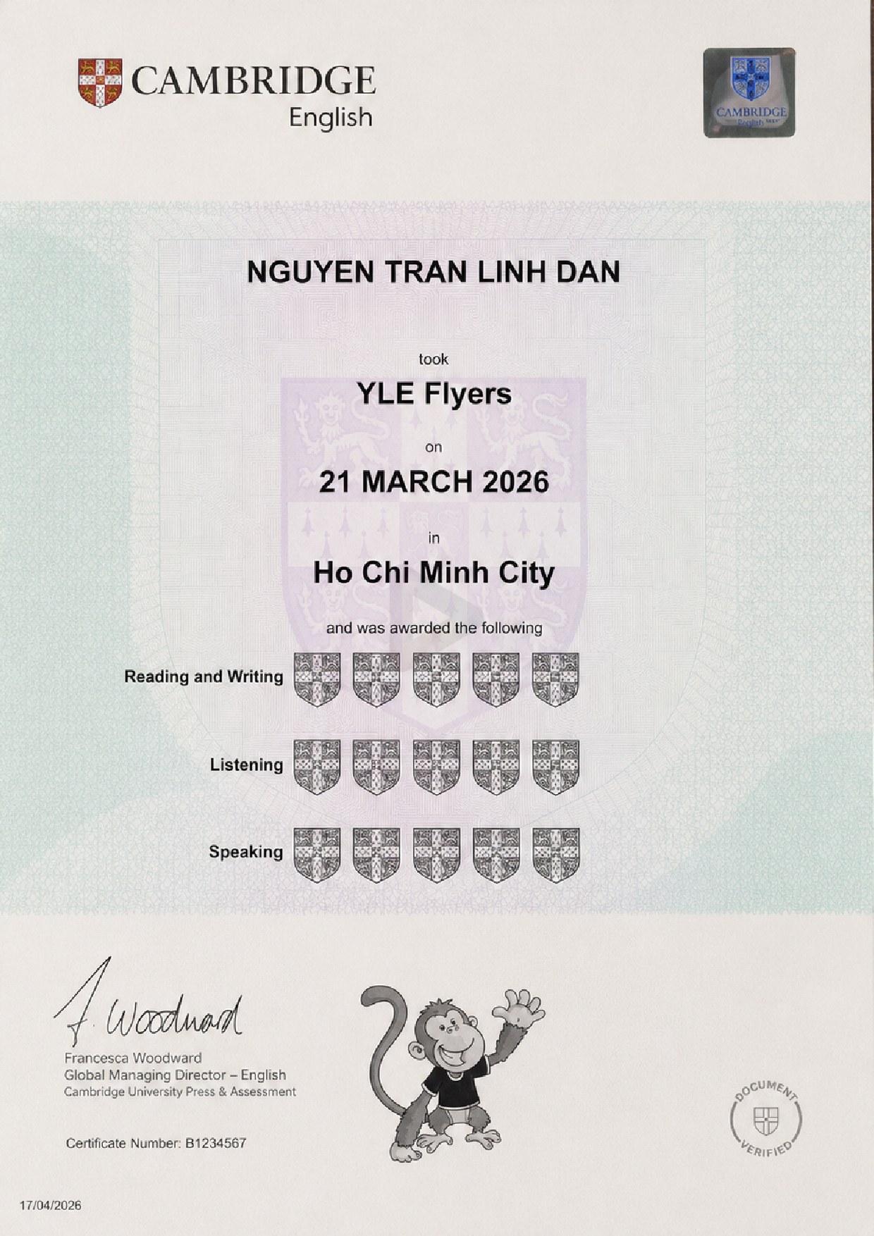 Chứng chỉ Cambridge YLE Flyers – Nguyen Tran Linh Dan