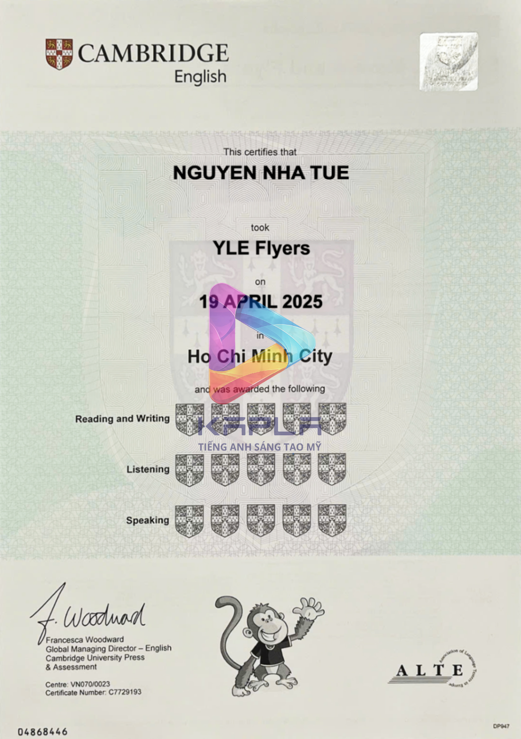 Chứng chỉ Cambridge YLE Flyers – Nguyen Nha Tue
