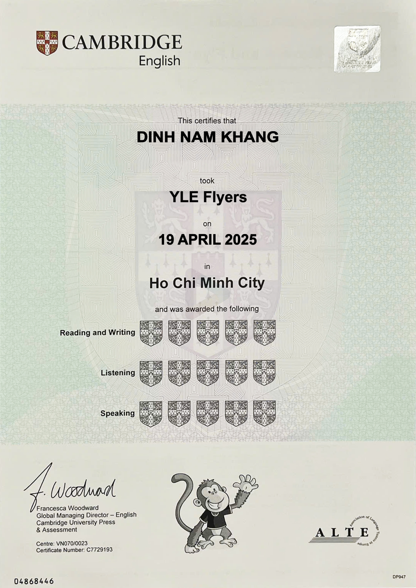 Chứng chỉ Cambridge YLE Flyers – Dinh Nam Khang