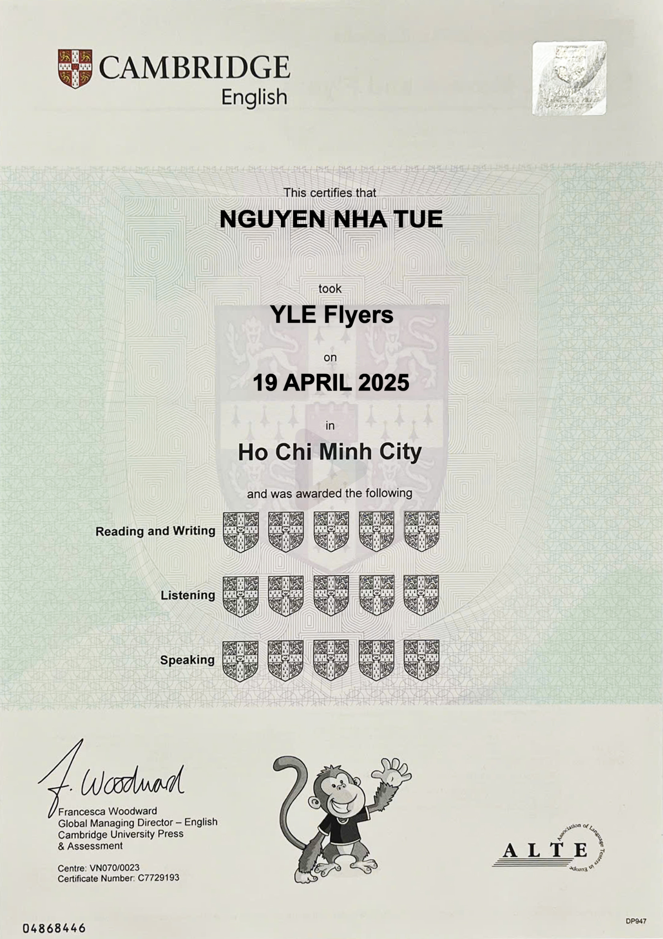 Chứng chỉ Cambridge YLE Flyers – Nguyen Nha Tue