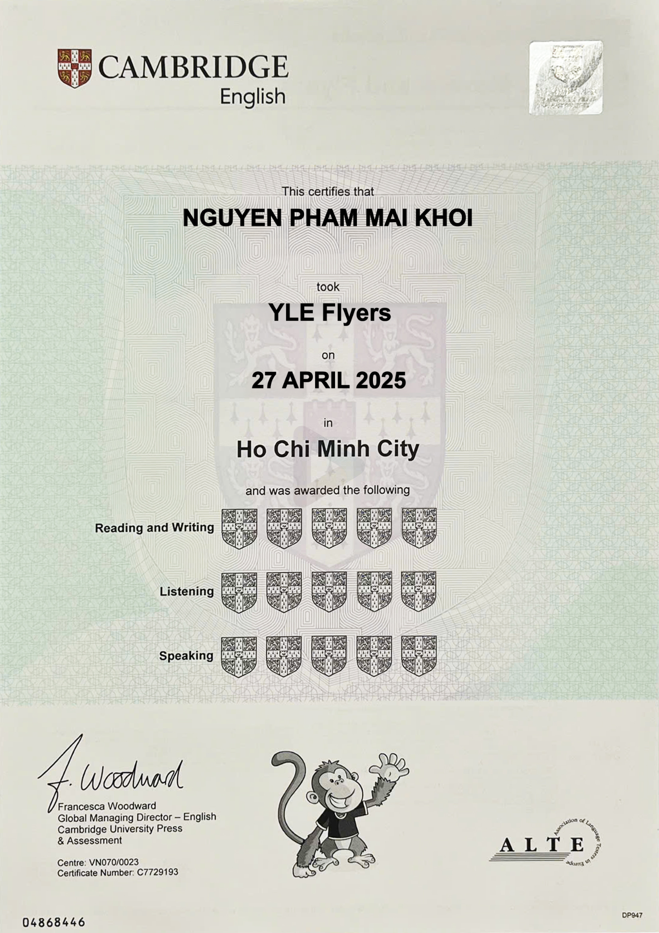 Chứng chỉ Cambridge YLE Flyers – Nguyen Pham Mai Khoi