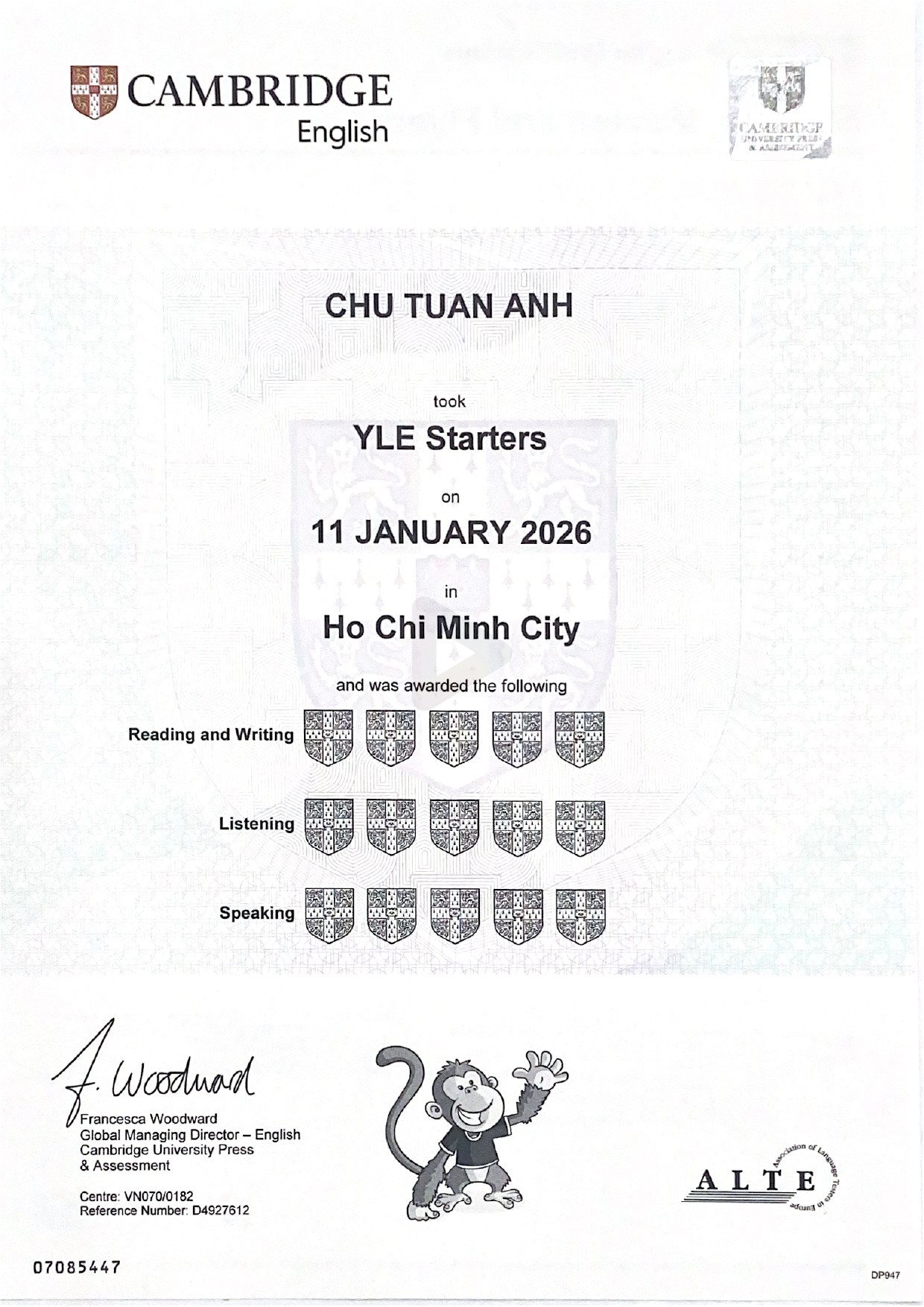 Chứng chỉ Cambridge YLE Starters – Chu Tuan Anh