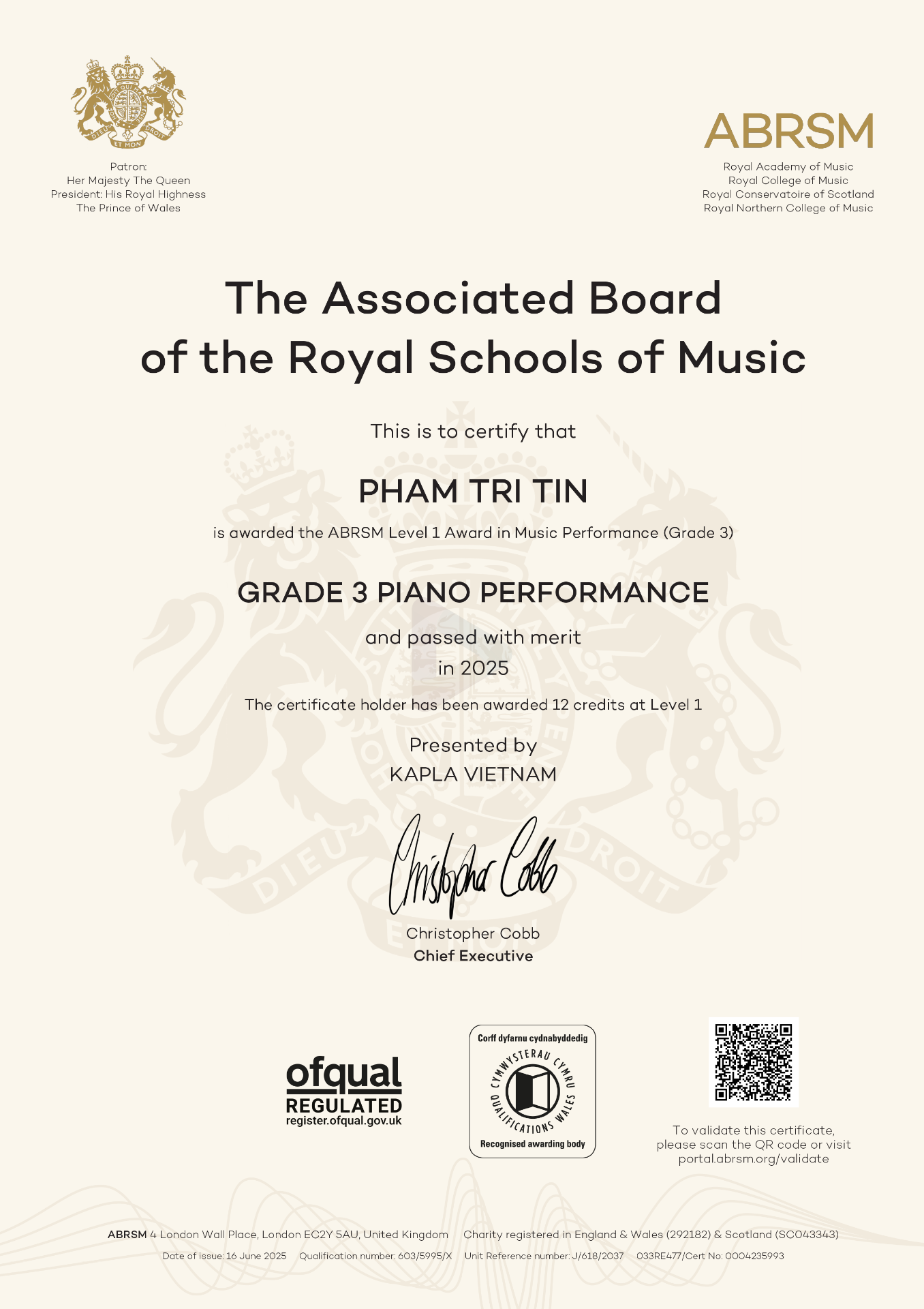 Chứng chỉ ABRSM Piano – Pham Tri Tin