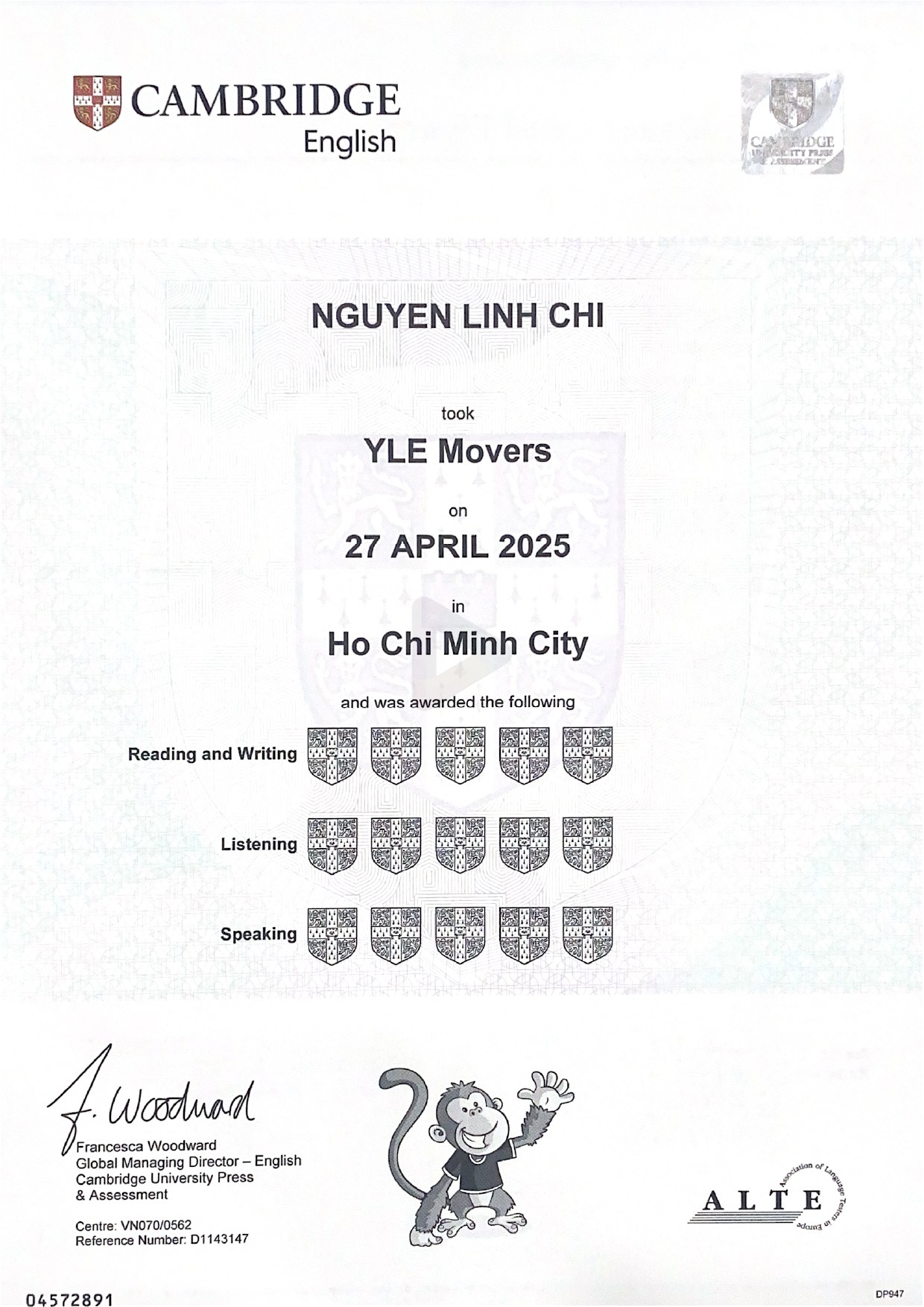 Chứng chỉ Cambridge YLE Movers – Nguyen Linh Chi