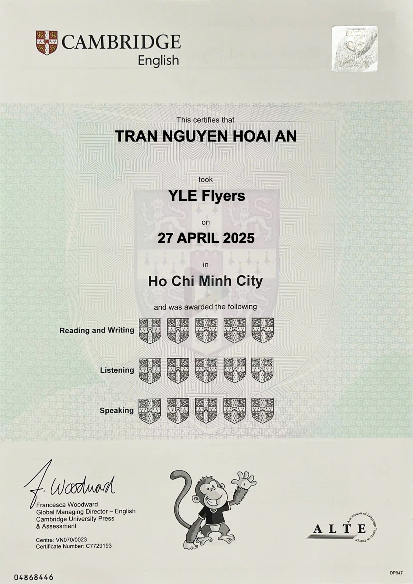 Chứng chỉ Cambridge YLE Flyers – Tran Nguyen Hoai An